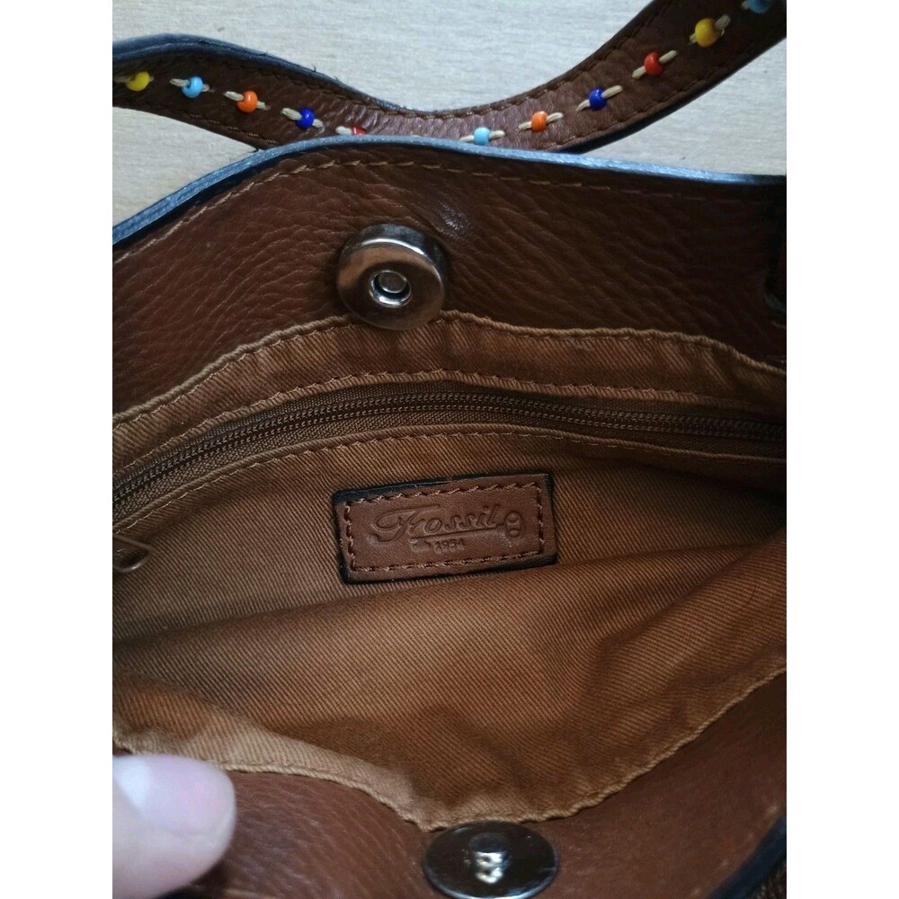 Fossil Small Mini Handbag Purse Tote Brown Leather with Beaded Double Strap - Picture 3 of 4